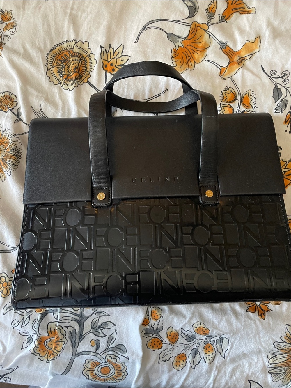 Celine Black Embossed Logo Leather Top-Handle Briefcase
